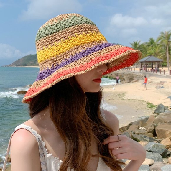 Foldable Bohemian Seaside Rainbow Color Straw Woven Sunhat - Picture 10 of 14